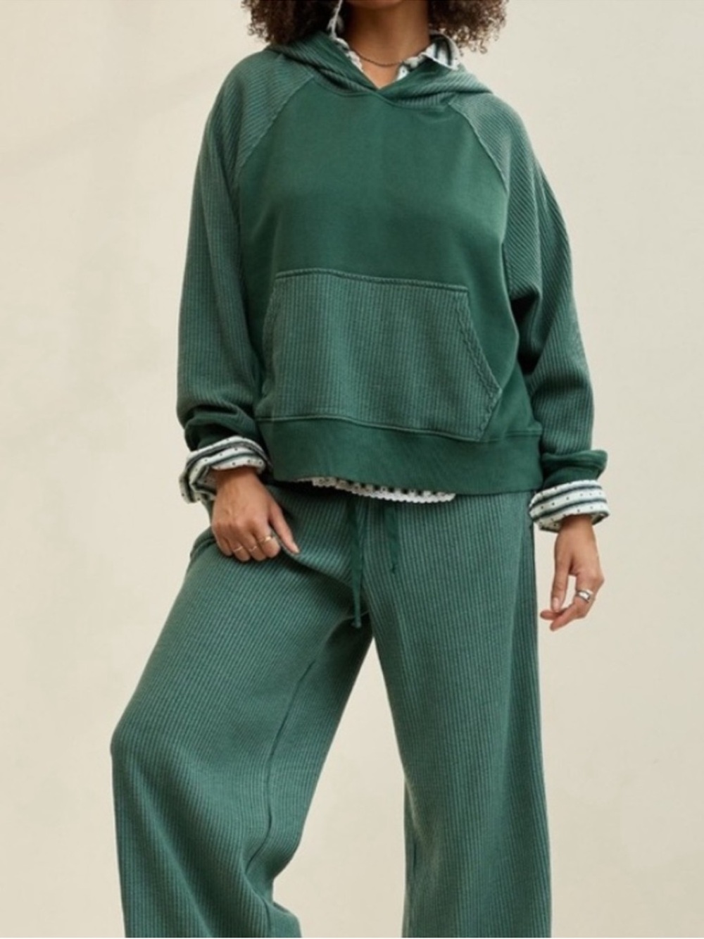 Aerie Essential Waffle Hoodie and Trouser Set - Rugged Green